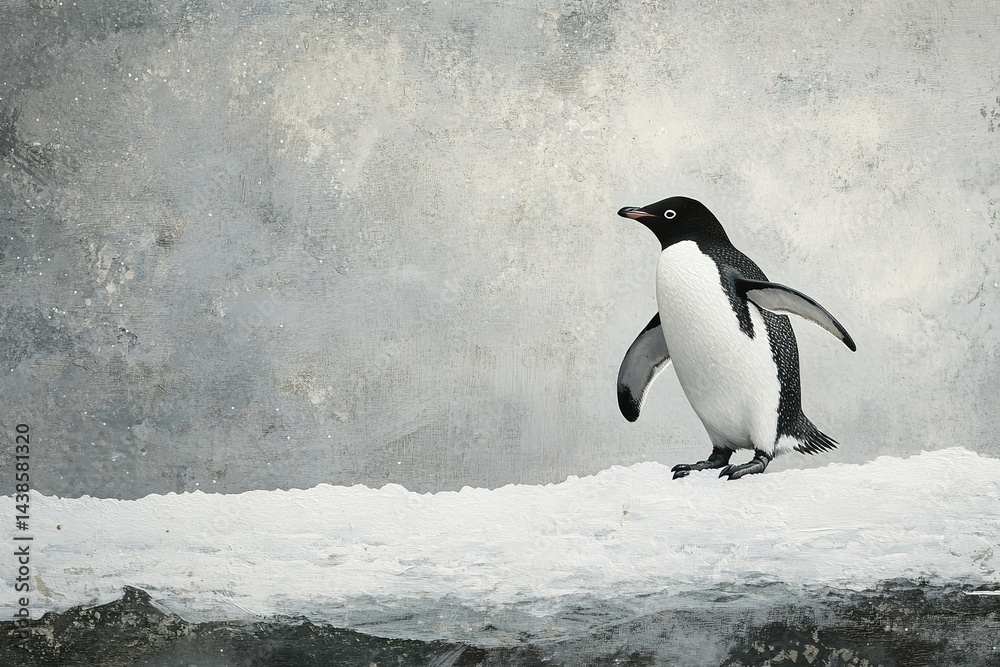 Obraz premium A solitary penguin waddling across an icy patch, its small body swaying with each step