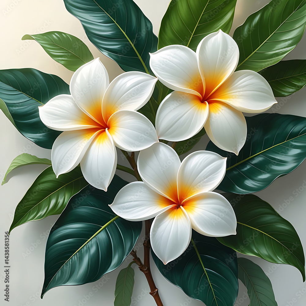 Fototapeta premium Vibrant Plumeria Flowers with Green Leaves