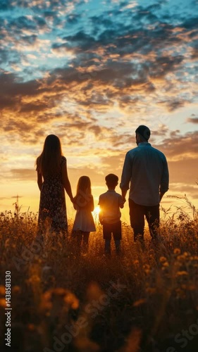 A family of four standing in a field with sunset light rays in the background, enjoying each other's company at dinner.