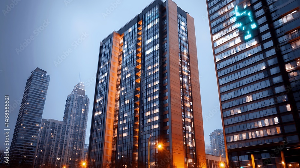 Fototapeta premium Urban cityscape at dusk Tall buildings light up against a muted sky