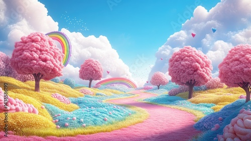 A candyland background with gumdrops, cotton candy trees, and rainbow path
