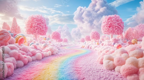 A candyland background with gumdrops, cotton candy trees, and rainbow path