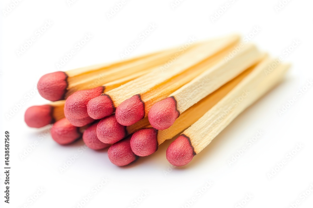 A close up of a bundle of unused matches their red tips gleaming against a stark white background promising warmth and the potential A close up of a bundle of unused matches their red tips gleaming against a stark white background promising warmth and the potential