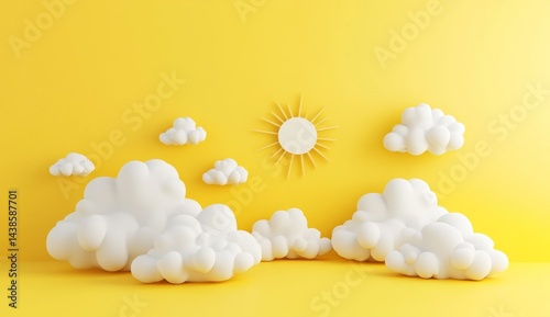 Simple, cheerful scene of clouds and sun on a bright yellow background.  Fluffy white clouds, a yellow sun, and a minimalist design create a happy, childlike atmosphere