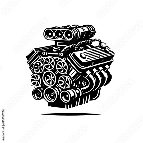 Vector illustration of a powerful V8 engine in detailed style
