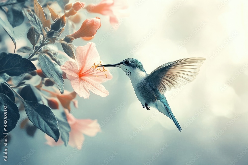 Naklejka premium A hummingbird hovers near a delicate pink flower, wings outstretched, enjoying nature's sweetness.