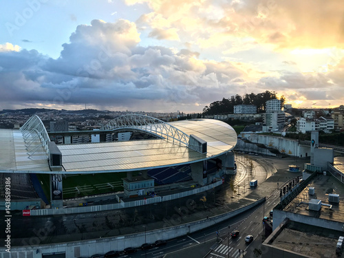 Estádio do Dragão in Porto at colorful sunset with clouds