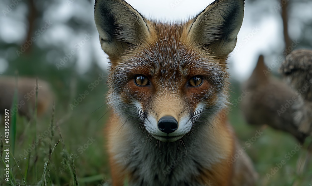 Fototapeta premium Close-up Portrait of a Red Fox Gazing in a Grassy Field
