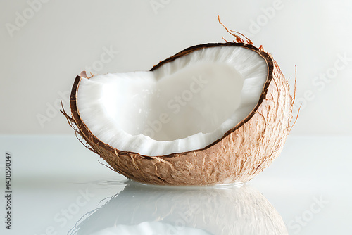 A cracked, open brown coconut half on white offers fresh, healthy, tropical fruit