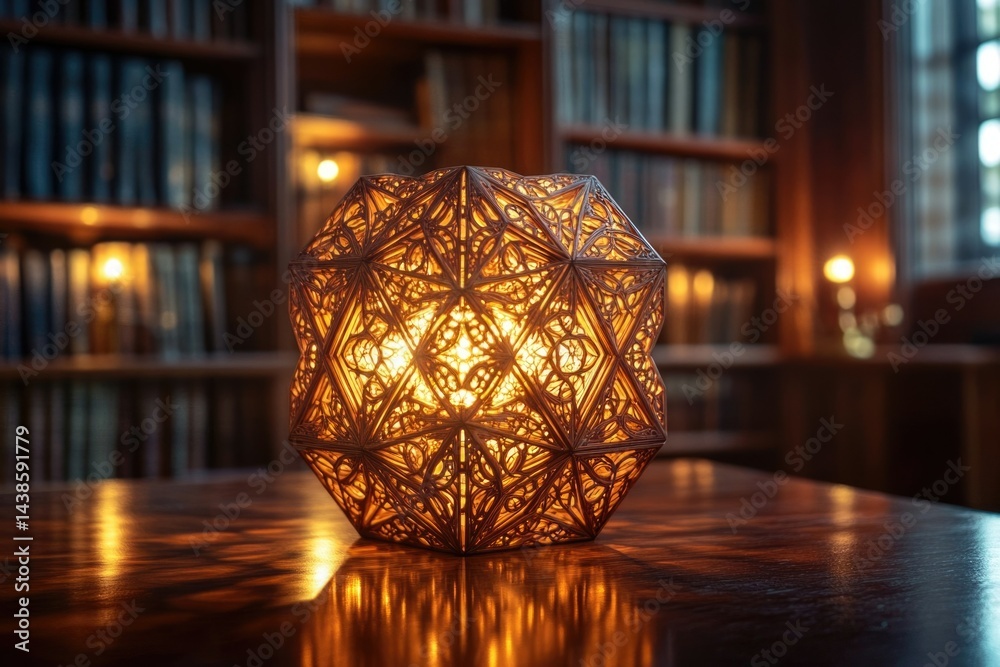 Obraz premium Intricate wooden lamp illuminates a library, casting warm light through its geometric, laser-cut design.
