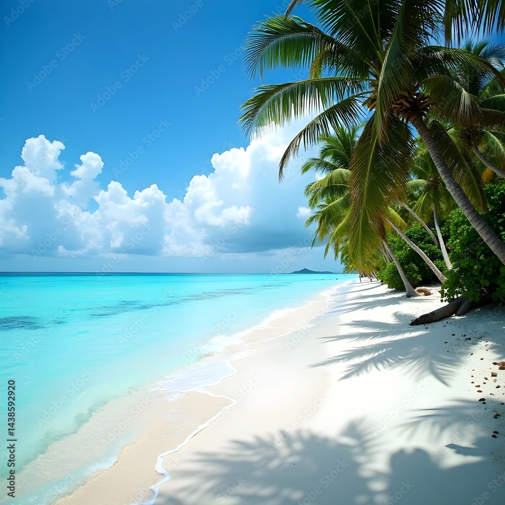 Fototapeta premium A secluded tropical beach with crystal-blue water and palm trees.