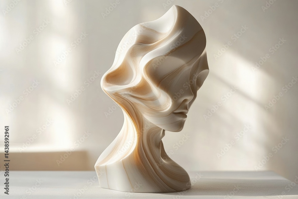 Fototapeta premium Abstract sculpture of a woman's head, featuring swirling, marble-like textures and a minimalist design.