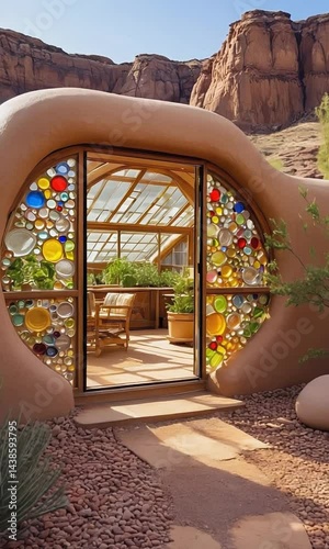 Off-Grid Earthship Home Built with Recycled Materials, Solar Panels, Adobe, Greenhouses, and Sustainable Design Integrated into Desert Landscape with Hardy Vegetation and Distant Mountains