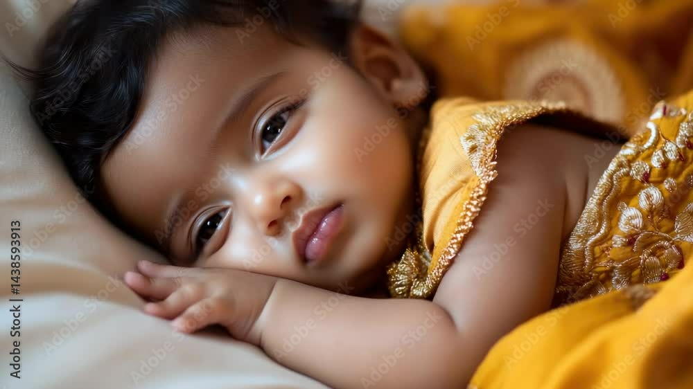 Sleeping baby in yellow swaddling with closed eyes, peaceful and cozy.