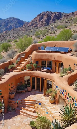 Off-Grid Earthship Home Built with Recycled Materials, Solar Panels, Adobe, Greenhouses, and Sustainable Design Integrated into Desert Landscape with Hardy Vegetation and Distant Mountains
