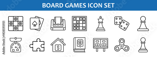 Board games icon set vector illustration featuring chess cards dice and puzzle pieces for game night