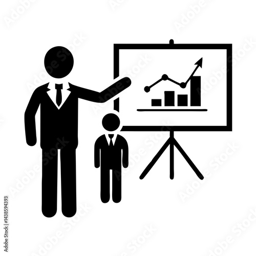 A bold black vector minimalist icon of a person explaining a graph to an individual, suitable for business coaching, mentorship, or data - interpretation - related content in corporate and educational