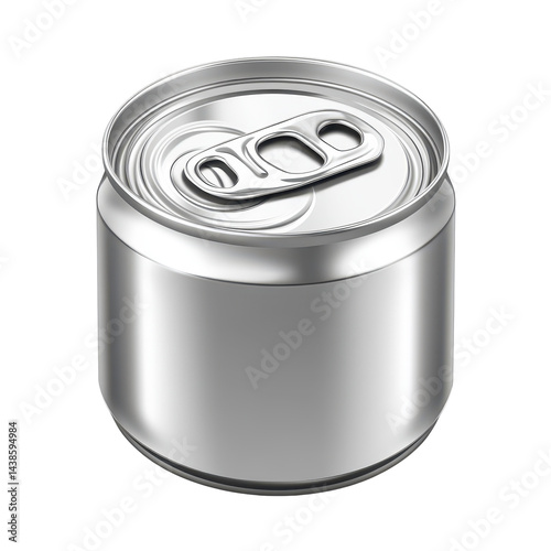 Metallic can with pull tab placed against a white background showcasing its simple design and functional features