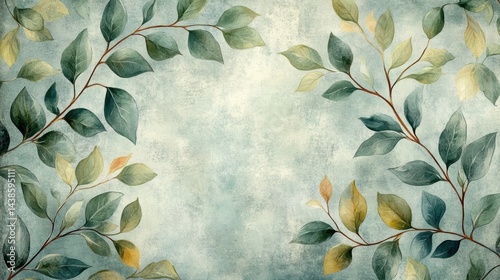 A botanical wallpaper background with hand-drawn leaves and muted tones