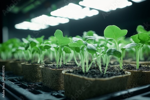 Greenhouse with young seedlings growing in aligned black plastic trays under bright lights