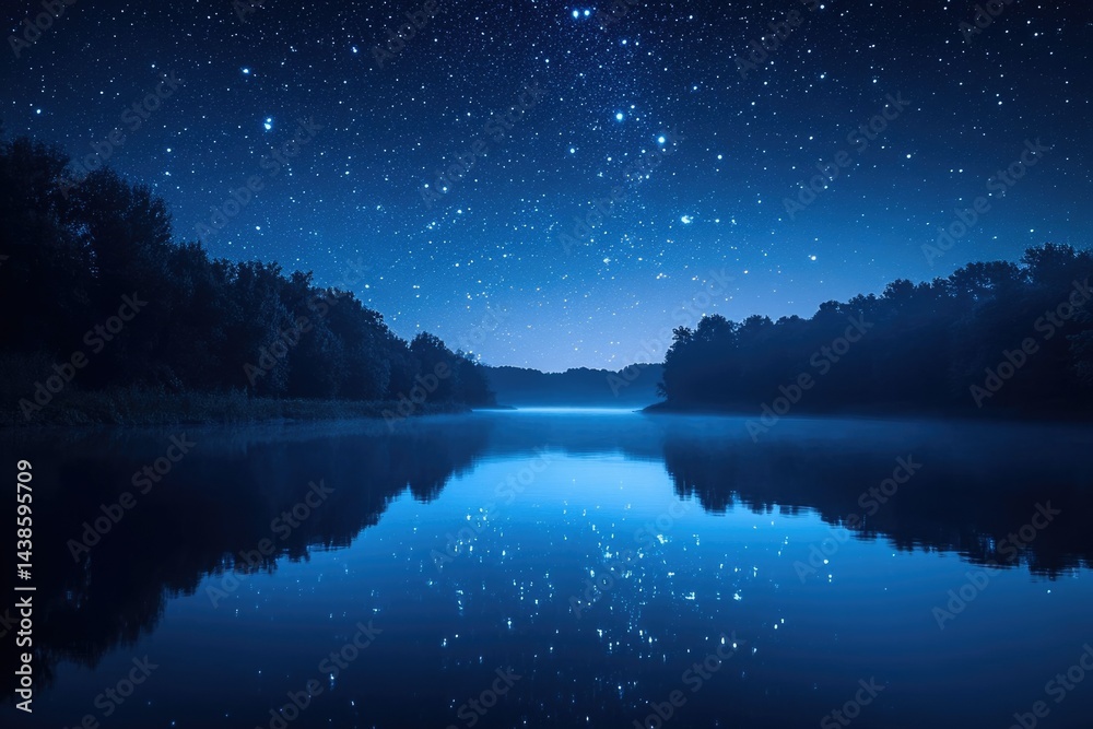 Fototapeta premium Serene night scene: Starry sky reflected in a calm lake embraced by trees.