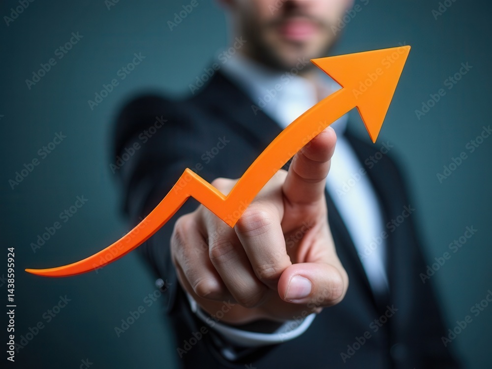 Businessman finger pointing arrow graph. Business development to success, profit and growing growth plan..