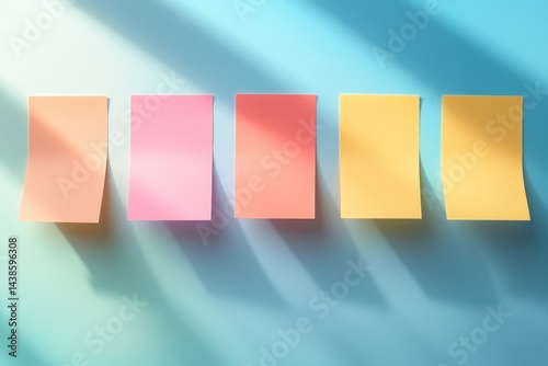 Colorful sticky notes aligned on a pastel blue wall under soft daylight