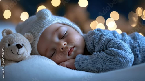 A small baby is sleeping soundly on a soft surface next to a plush teddy bear. Warm lights create a cozy atmosphere, enhancing the gentle serenity of the moment.