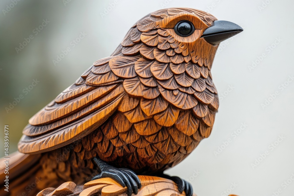 Fototapeta premium Intricate wooden bird carving, showcasing detailed feather texture and perched on a branch.