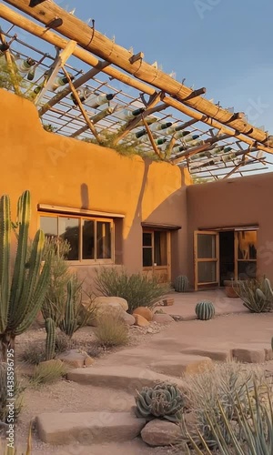 Off-Grid Earthship Home Built with Recycled Materials, Solar Panels, Adobe, Greenhouses, and Sustainable Design Integrated into Desert Landscape with Hardy Vegetation and Distant Mountains