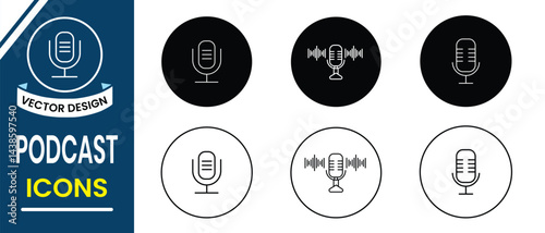 Podcast icon, Microphone logo. Radio, audio podcast line icon set on white background.  Mic, talk, studio, speaker, flat, vector, headphones, Vector illustration.