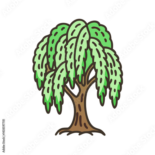 Cartoon weeping willow tree drawing vector illustration nature botanical garden park scene art design