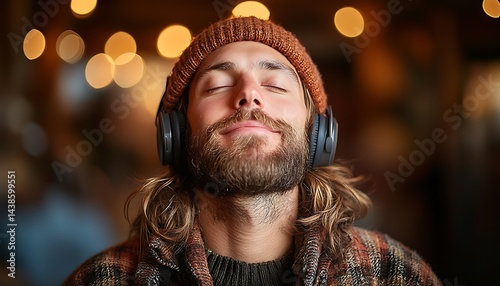 Relaxed man with headphones, eyes closed, enjoying music in a warm setting