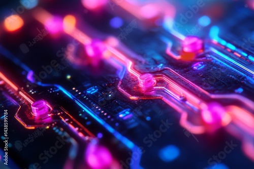 Colorful glowing circuits on modern motherboard close-up