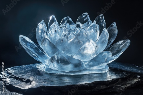 A stunning ice sculpture of a lotus flower, meticulously crafted with translucent detail, rests on a dark slate.