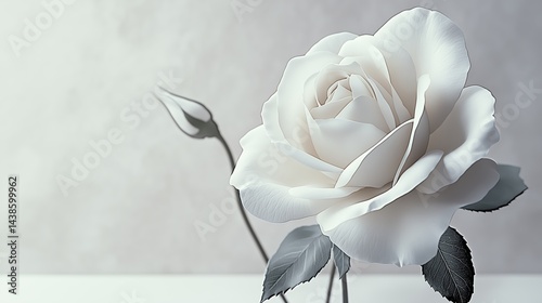 Elegant White Rose with Bud and Grey Leaves on Minimalist Background