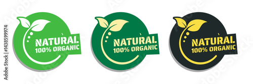 Natural, 100% Organic — sticker, label, badge — vector illustration.