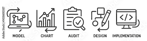 Steps in a data analysis process featuring modeling, auditing, design, and implementation with visual elements