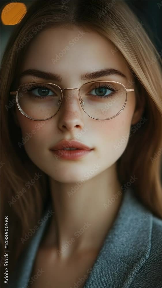 Stylish woman wearing glasses, with a neutral expression.