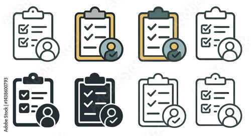 Collection of checklist icons with different styles and designs displayed in multiple arrangements for organizational purposes