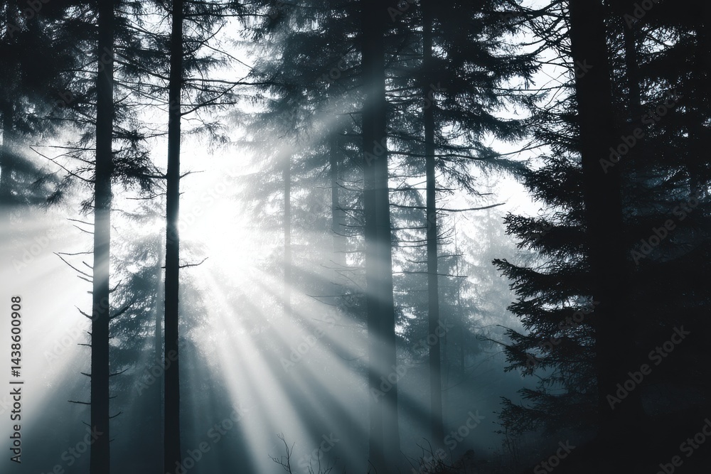 Obraz premium Misty Forest at Dawn with Sunbeams Through Tall Trees in Ethereal Light