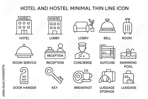 Icons representing hotel and hostel services with minimalist design elements for hospitality visuals