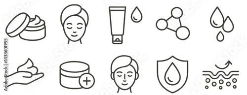Skincare icons depicting various products and concepts for healthy skin and beauty