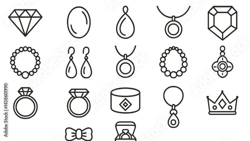 Jewelry designs featuring various gemstones and elegant accessories in simple line art style