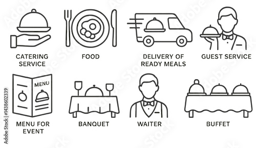 Catering service symbols for food delivery, guest service, and events with a focus on menus and buffets