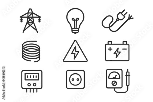 Electrical symbols illustrating various components and concepts in energy and circuitry used in modern infrastructure