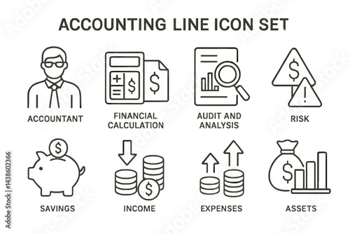 Accounting line icon set showcasing financial management concepts and elements in a simple design
