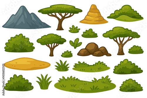 Nature elements featuring mountains, trees, rocks, and shrubs for creative landscapes in various environments