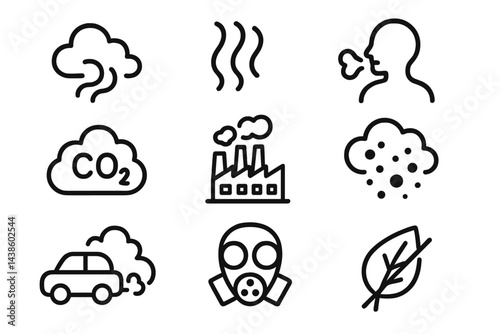 Environmental pollution icons depicting air quality issues and health hazards in urban settings