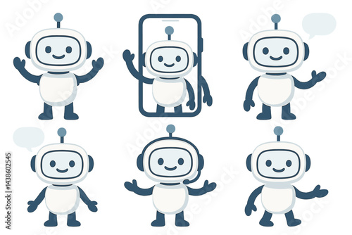 Friendly robot characters engaging with smartphone technology in a playful style perfect for modern digital interactions